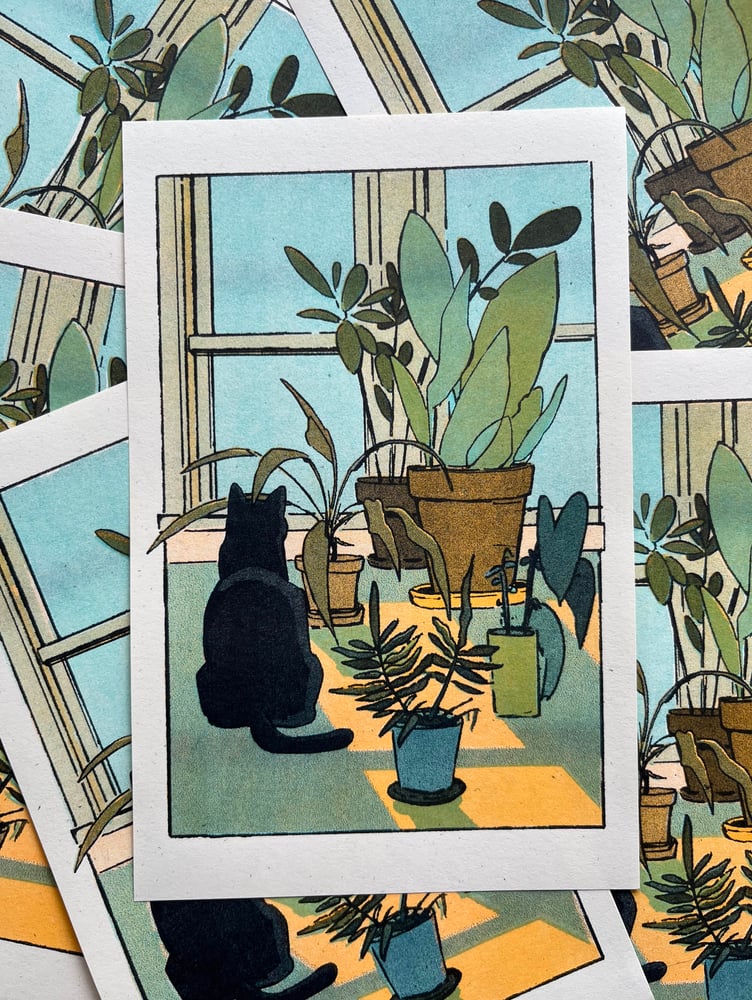 Image of Houseplants and Cat Risograph Print