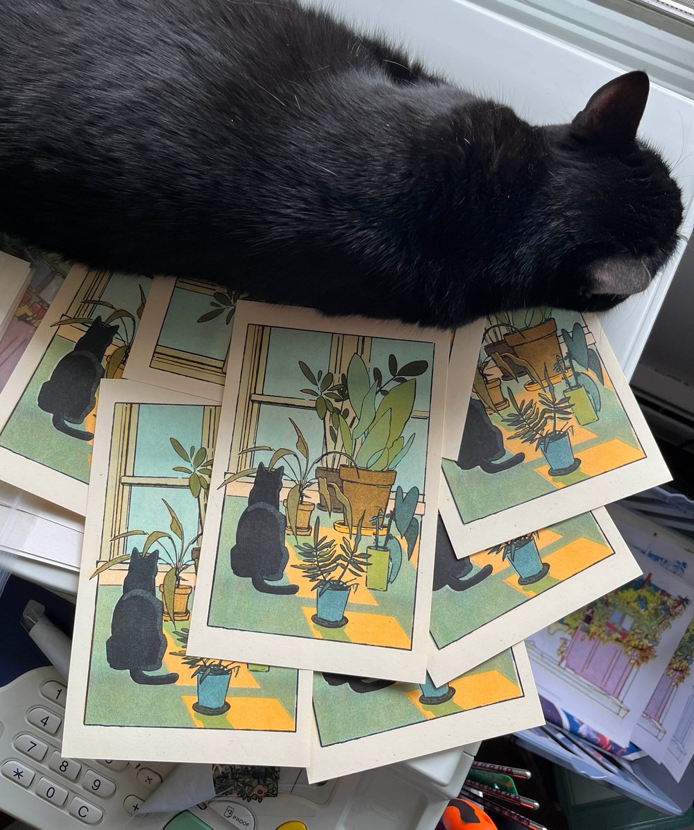 Image of Houseplants and Cat Risograph Print