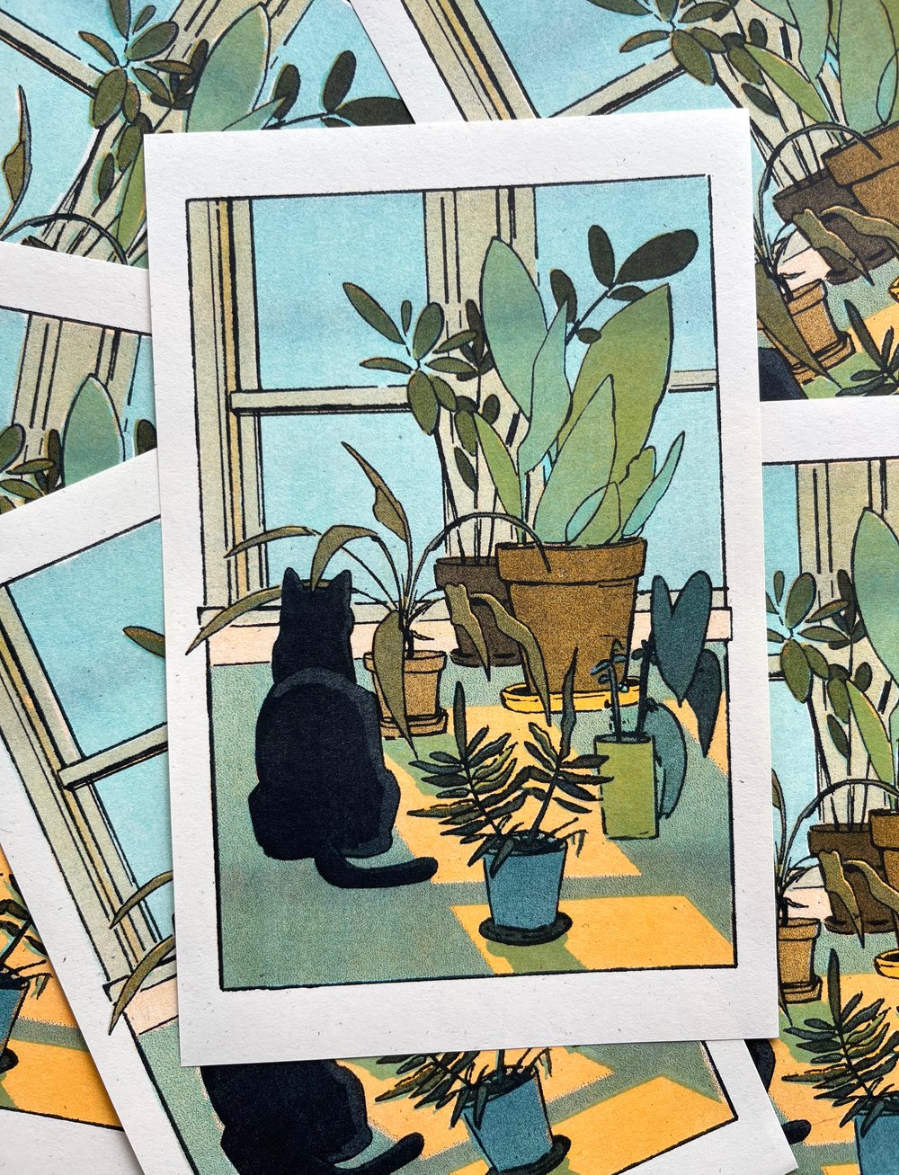 Image of Houseplants and Cat Risograph Print