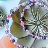 Image 3 of Twin Hearts Pink and Purple Millefiori Necklace with Rose Quartz Centre