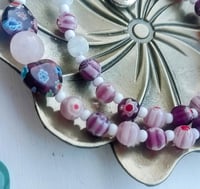 Image 4 of Twin Hearts Pink and Purple Millefiori Necklace with Rose Quartz Centre
