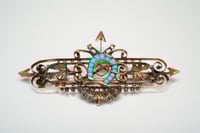 Image 1 of Victorian 14kt Rose Gold, Turquoise Horseshoe and Riding Strop Bar Pin - Truly an Exquisite Old B...