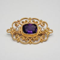Image 1 of Vintage 14k Yellow Gold, Amethyst, Seed Pearl Filigree Brooch - Lovely Filigree Hat, Lapel, or Ba...