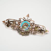 Image 2 of Victorian 14kt Rose Gold, Turquoise Horseshoe and Riding Strop Bar Pin - Truly an Exquisite Old B...