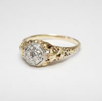 Image 2 of Art Deco 14k Yellow Gold, Diamond Filigree Ring - ~.08 Carat Old European Cut Diamond Center