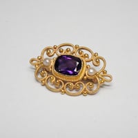 Image 2 of Vintage 14k Yellow Gold, Amethyst, Seed Pearl Filigree Brooch - Lovely Filigree Hat, Lapel, or Ba...