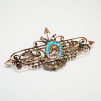 Image 3 of Victorian 14kt Rose Gold, Turquoise Horseshoe and Riding Strop Bar Pin - Truly an Exquisite Old B...