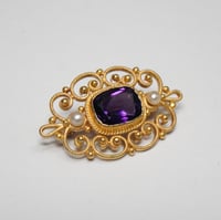 Image 3 of Vintage 14k Yellow Gold, Amethyst, Seed Pearl Filigree Brooch - Lovely Filigree Hat, Lapel, or Ba...