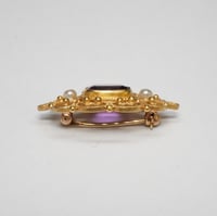 Image 4 of Vintage 14k Yellow Gold, Amethyst, Seed Pearl Filigree Brooch - Lovely Filigree Hat, Lapel, or Ba...