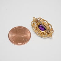 Image 6 of Vintage 14k Yellow Gold, Amethyst, Seed Pearl Filigree Brooch - Lovely Filigree Hat, Lapel, or Ba...