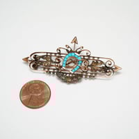 Image 9 of Victorian 14kt Rose Gold, Turquoise Horseshoe and Riding Strop Bar Pin - Truly an Exquisite Old B...