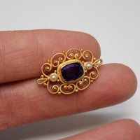 Image 7 of Vintage 14k Yellow Gold, Amethyst, Seed Pearl Filigree Brooch - Lovely Filigree Hat, Lapel, or Ba...