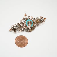 Image 10 of Victorian 14kt Rose Gold, Turquoise Horseshoe and Riding Strop Bar Pin - Truly an Exquisite Old B...