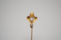 Image 3 of Art Nouveau 14k Gold, Pearl and Diamond Ribbon Style Stick Pin - Exquisite Art Nouveau Style - Na...