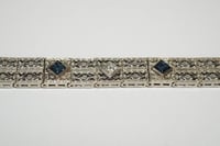 Image 7 of Art Deco 10k White Gold, Diamond, Sapphires Filigree Link Bracelet - A Beautiful Example of the S...