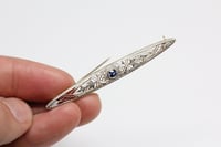 Image 9 of Edwardian 14k Two Tone Gold, Sapphire, Filigree Bar Pin - All Original - Cornflower Blue Sapphire