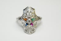 Image 2 of Art Deco 18k White Gold, Eastern Star Filigree Ring - ~.08ct Old European Cut Center Diamond - Ex...