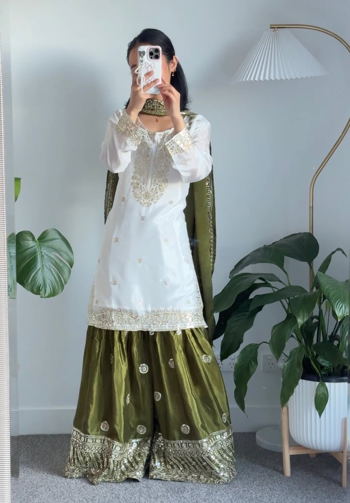 Image of White and forest green three piece kurtha set 