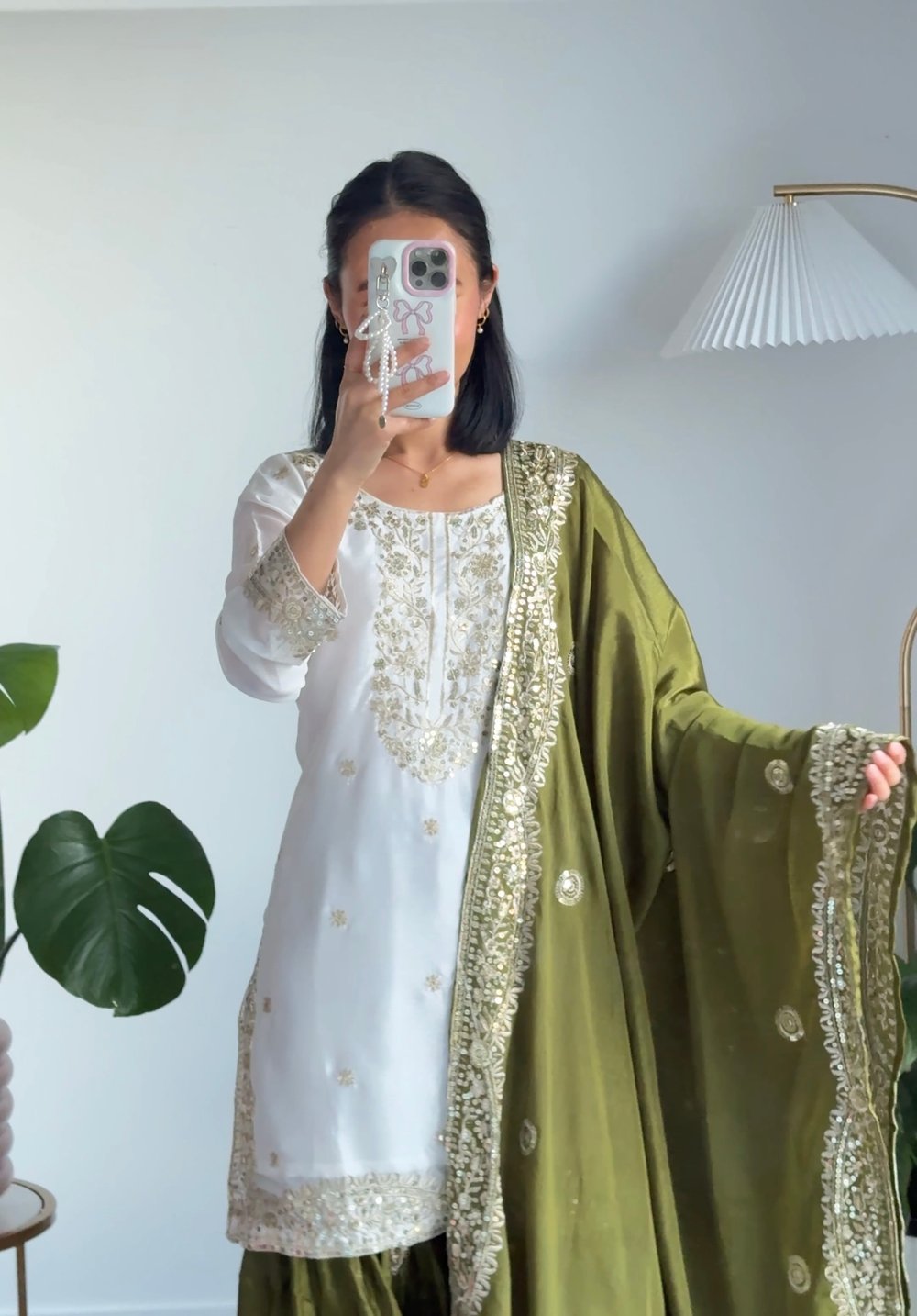 Image of White and forest green three piece kurtha set 
