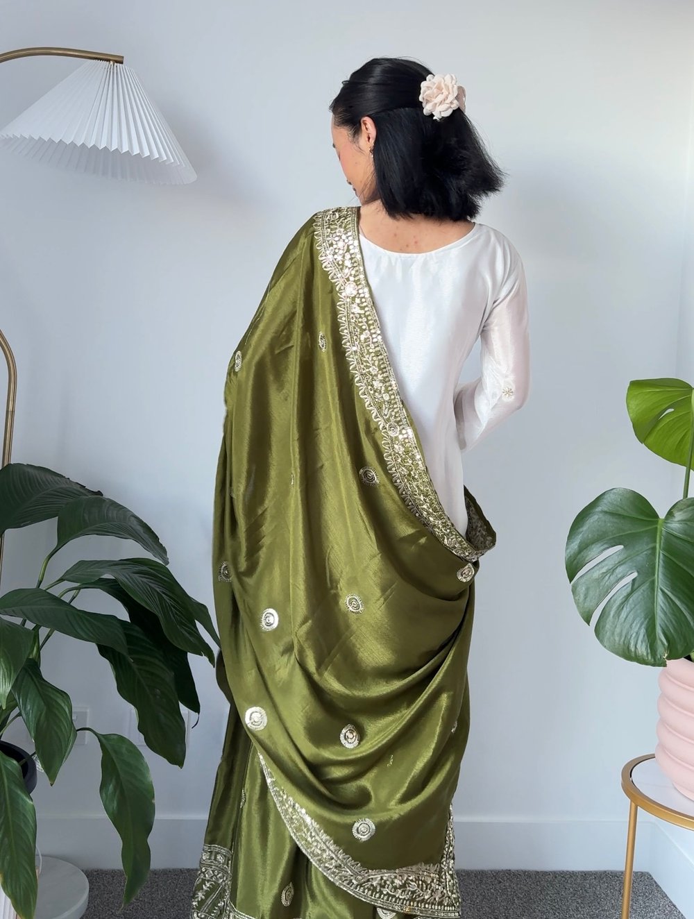 Image of White and forest green three piece kurtha set 
