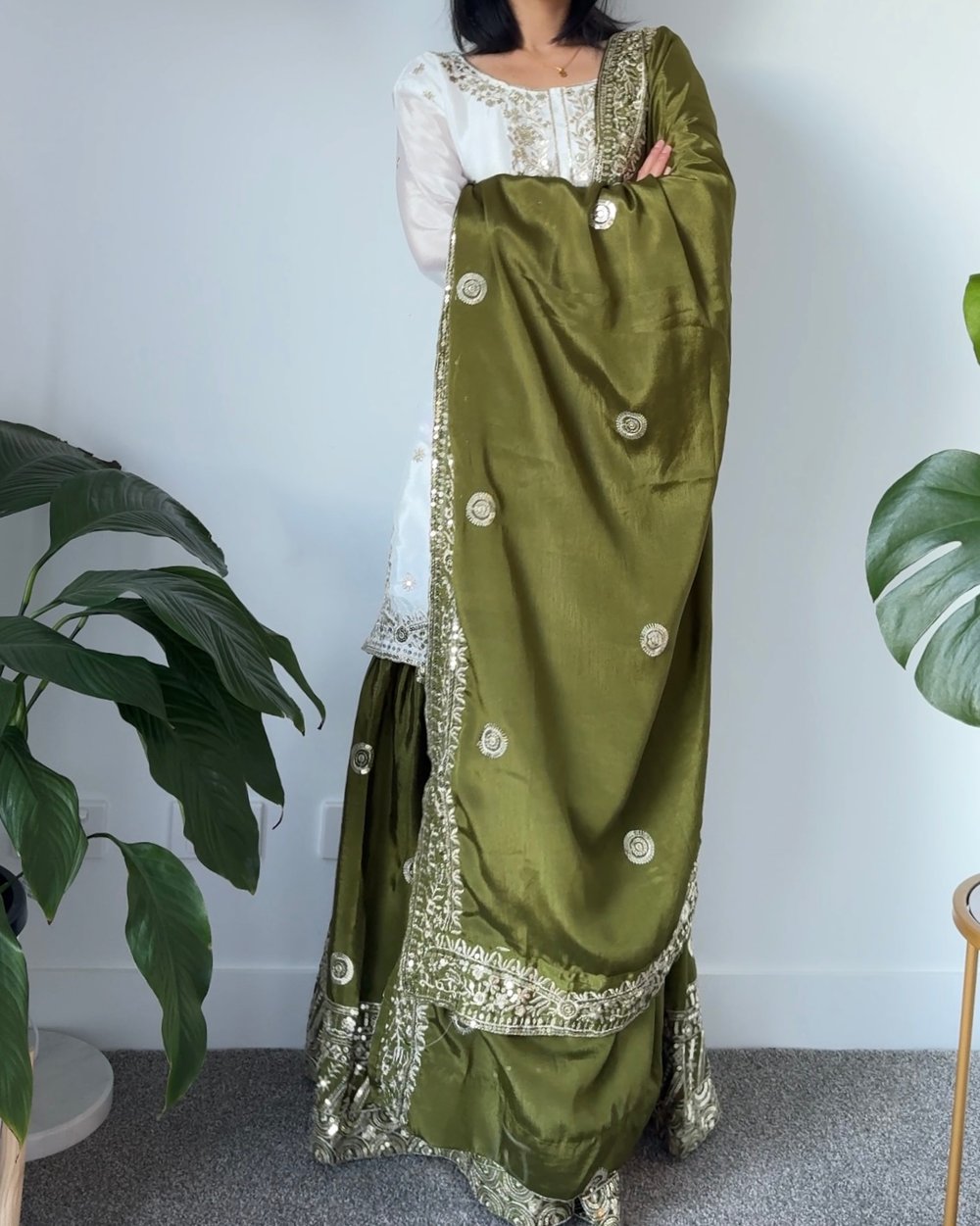 Image of White and forest green three piece kurtha set 