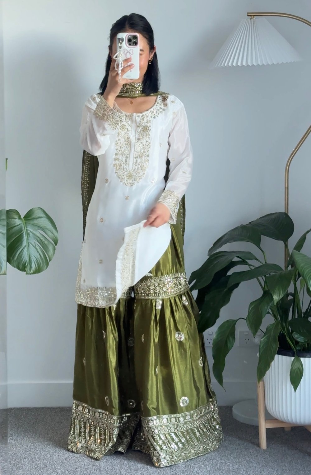 Image of White and forest green three piece kurtha set 