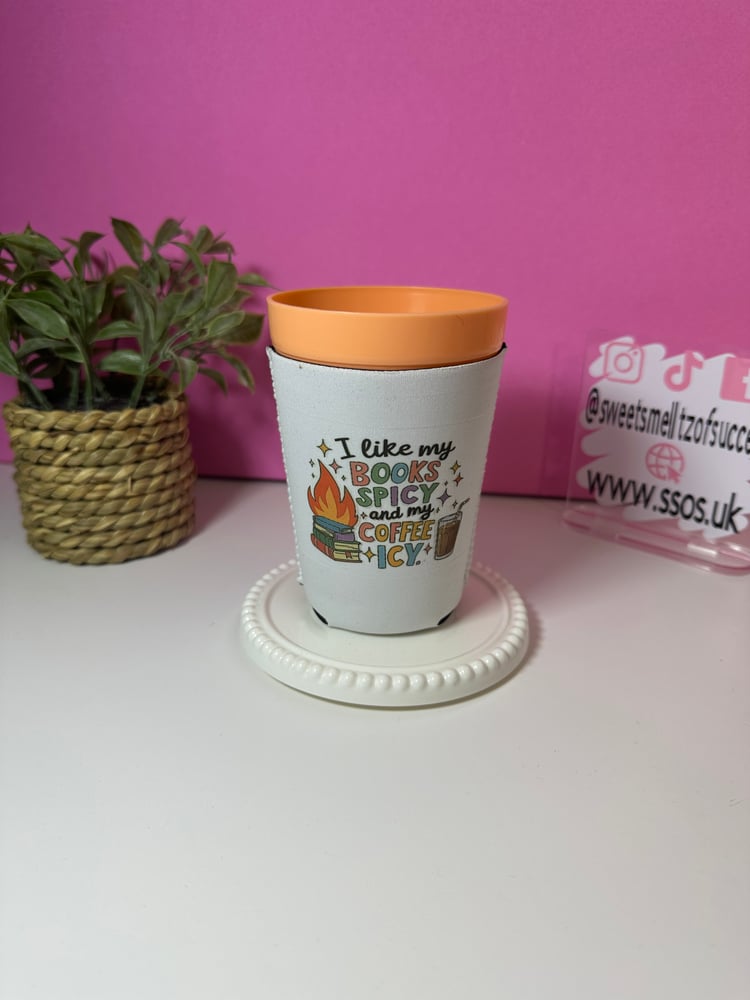 Image of 'Spicy Books & Icy Coffee' Cup Coozies