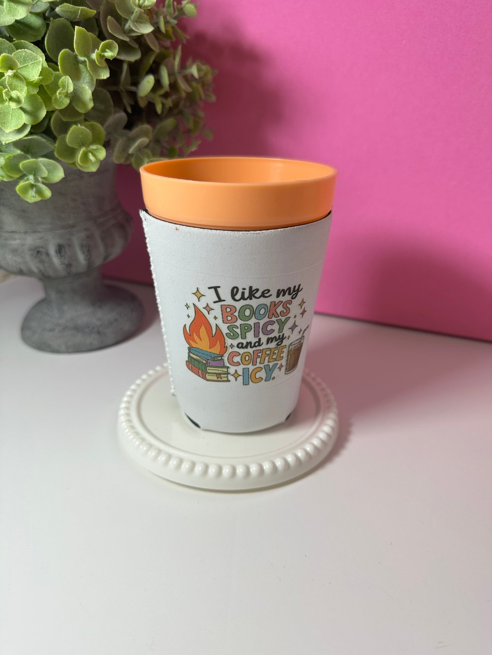 Image of 'Spicy Books & Icy Coffee' Cup Coozies