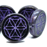 Flower of Life Coin Beads Opaque Black with a Purple Wash Chunky Carved Czech Pressed Glass Table Cu