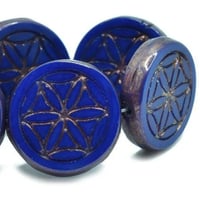 Flower of Life Coin Beads Indigo with a Bronze Finish Chunky Carved Czech Pressed Glass Table Cut Be