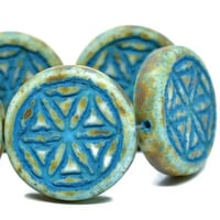 Flower of Life Coin Beads White with a Picasso Finish and a Turquoise Wash Chunky Carved Czech Press