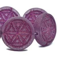 Flower Of Life Coin Transparent Hyacinth with an Etched Chunky Carved Czech Glass Beads 18mm 2 beads