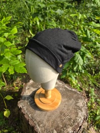 Image 1 of Linen Double Snap Beanie Hat - Black