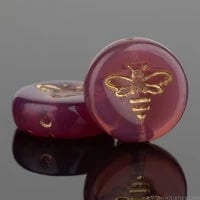 Image 1 of Bee Beads Pink Opaline with Gold Wash Coin Carved Czech Glass Table Cut Beads 12mm 12 beads