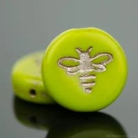 Bee Beads Lime Green with Platinum Wash Coin Carved Czech Glass Table Cut Beads 12mm 12 beads