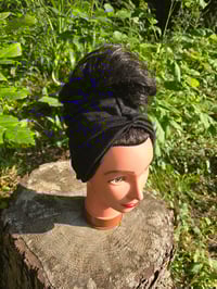 Image 7 of Linen Cinch & Snap Ponytail Beanie in Black