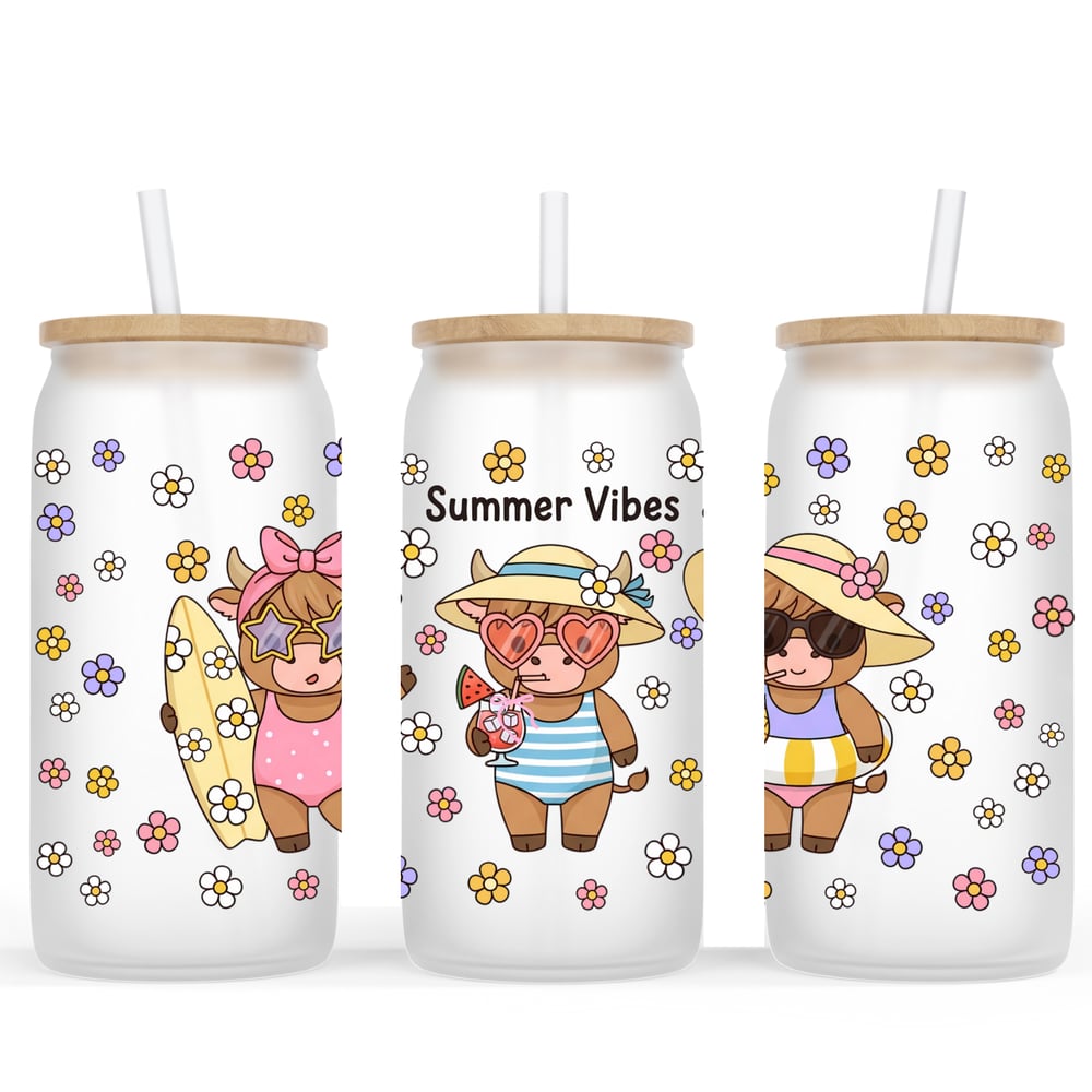 Image of Highland Cows Floral Summer Frosted Glass Cup🐮 ☀️