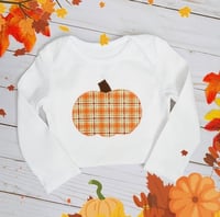 Image 1 of Pumpkin Baby Top Plaid Pumpkin Fall Baby Bodysuit Boys Girls Halloween Shirt