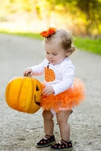Image 2 of Polka Dot Pumpkin Tutu Bodysuit Girl’s Fall Halloween Thanksgiving Tulle Set