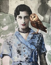 Original mixed media art on paper vintage lovely and owl 