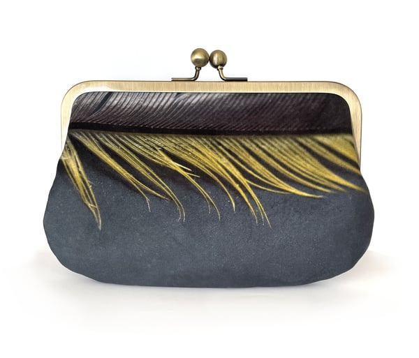 Image of Goldfinch feather, velvet shoulder bag with shoulder strap