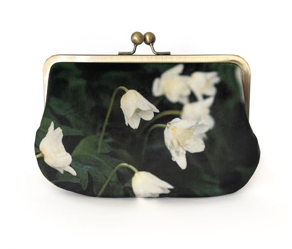 Image of Wood anemone, printed velvet kisslock bag with crossbody canvas or chain strap