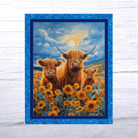 Image 1 of Sunflower Highlands Cow Quilt Panel Fabric  By MDG Fabrics 36 x 45  