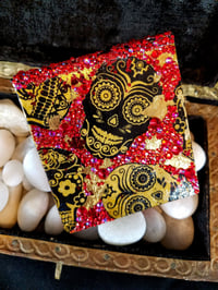 Image 2 of Red Dia de Los Muertos Skulls Makeup Shrine Rhinestones and Foiled Artisinal Paper Calaveras Hand...