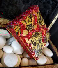 Image 5 of Red Dia de Los Muertos Skulls Makeup Shrine Rhinestones and Foiled Artisinal Paper Calaveras Hand...