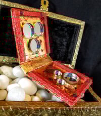 Image 7 of Red Dia de Los Muertos Skulls Makeup Shrine Rhinestones and Foiled Artisinal Paper Calaveras Hand...