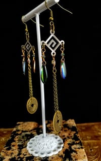 Image 1 of Flame Coated Crystal Blades With Good Luck Coins and Swarovski Crystal on Fine Bronze Chain Extra...