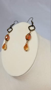 Image 3 of Amber and Orange Crystal Drops and Bronze Chain Simple and Elegant Double Strand Asymmetrical Ste...