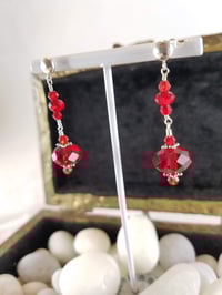 Image 1 of Ruby Red Czech Crystal Sterling Silver Accents Tudor Inspired Drop Earrings Glam Steampunk Night ...