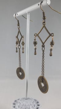 Image 1 of Bronze Drops With Good Luck Coins on Fine Bronze Chain Extra Long Hook Dangling Fantasy Tribal Da...